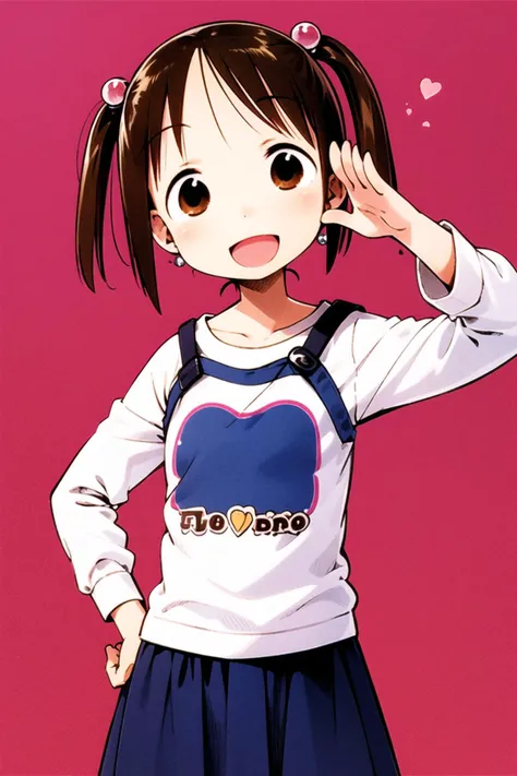 Ichigo Mashimaro,1girl, solo, hair bobbles, hair ornament, twintails, brown eyes, open mouth, hand on hip, skirt, smile, clothes writing, brown hair, heart, :d, looking at viewer, salute, pink background, short hair, shirt, <lora:Ichigo Mashimaro:0.8>
