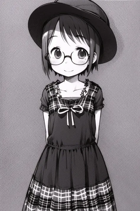 Ichigo Mashimaro,1girl, solo, monochrome, glasses, greyscale, hat, short hair, smile, sketch, arms behind back, blush, traditional media, dress,  <lora:Ichigo Mashimaro:0.8>