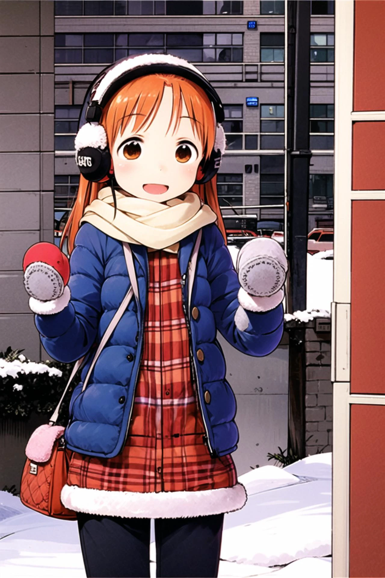 Ichigo Mashimaro,solo, mittens, 1girl, earmuffs, scarf, bag, orange hair, brown eyes, smile, gloves, winter clothes, open mouth, <lora:Ichigo Mashimaro:0.8>