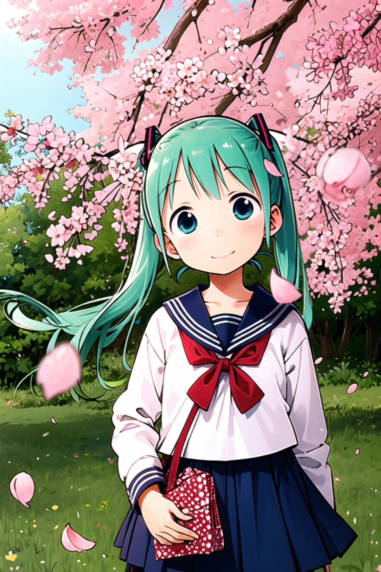 Ichigo Mashimaro,school uniform, green hair,cherry blossoms, cherry hair ornament, hanami, sakura,1girl,solo,hatsune_miku, smile,looking at viewer,, <lora:Ichigo Mashimaro:0.8>