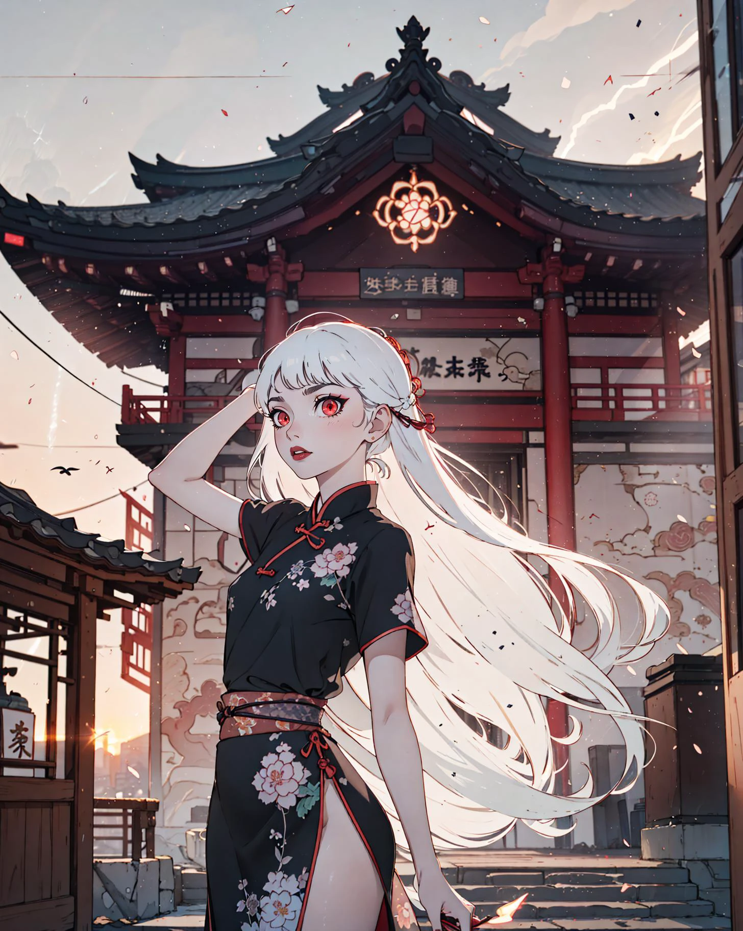 (8K,Candid shot of a stunningly girl,Amazing Details:1.4 cinematic lighting,side lightning,colorful,Natural Volumetric Lighting And Best Shadow, Deep Depth Of Field),(((1girl,pale skin,cowboy shot,pose))),(white hair,very long hair,swept bangs,glowing eyes,red eyes:1.3),(black lipstick,small chinese dress,japanese characters,buildings,shopping mall,castle),(Pastel colors:1.6,white sky,sunset), <lora:oiled skin:0.2> <lora:animeoutlineV4_16:0.6> <lora:flatBG:-0.4> <lora:flat2:0.8> <lora:CarlesDalmau_v1-CT-R128:0.66> <lora:badbroirezumi3:0.1> tattoo, irezumi,