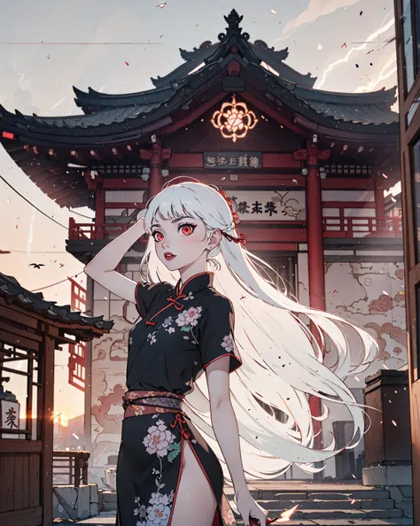 (8K,Candid shot of a stunningly girl,Amazing Details:1.4 cinematic lighting,side lightning,colorful,Natural Volumetric Lighting And Best Shadow, Deep Depth Of Field),(((1girl,pale skin,cowboy shot,pose))),(white hair,very long hair,swept bangs,glowing eyes,red eyes:1.3),(black lipstick,small chinese dress,japanese characters,buildings,shopping mall,castle),(Pastel colors:1.6,white sky,sunset),  <lora:oiled skin:0.2> <lora:animeoutlineV4_16:0.6> <lora:flatBG:-0.4> <lora:flat2:0.8> <lora:CarlesDalmau_v1-CT-R128:0.66>  <lora:badbroirezumi3:0.1> tattoo, irezumi,