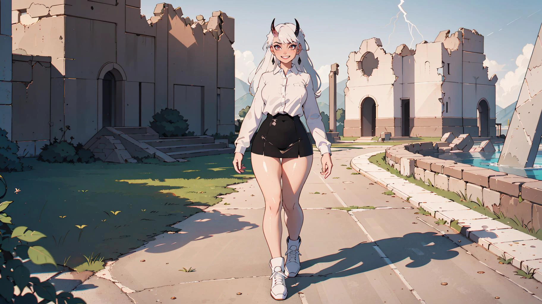 (8K,Candid shot of a stunningly girl,Amazing Details:1.4 cinematic lighting,side lightning,colorful,Natural Volumetric Lighting And Best Shadow, Deep Depth Of Field, Chromatic Aberration, Portrait Of Stunningly Beautiful Girl,8K,absurdres, highres,)(((,1girl,perspective,evil grin,full body shot,pale skin, ))),(blush,oni horns:0.4,perfect face,white hair,very long hair,two-tone hair,glowing eyes:1.6,sharp eyes, black eyes,stud earrings),((long sleeves,slim fit,collared shirt,white armor,wide hips:1.8,thighs:1.3,chubby derby shoes)),(Pastel colors:1.4,dappled sunlight,dreamscape,white sky,white stone,ruins,truck), <lora:oiled skin:0.8>, <lora:CarlesDalmau_v1-CT-R128:0.6> <lora:animeoutlineV4_16:0.2> <lora:flat2:1>