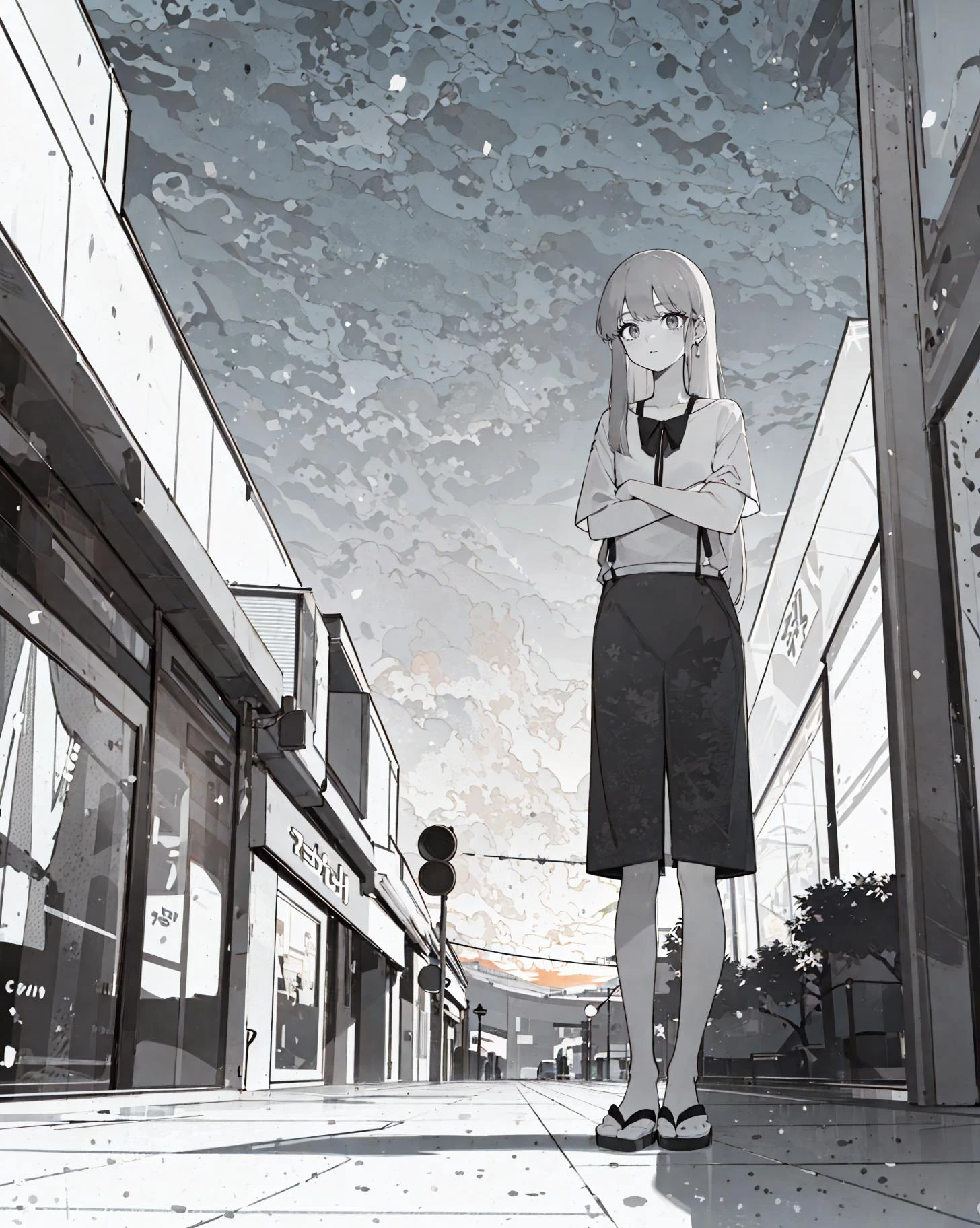 (8K,Candid shot of a stunningly girl,Amazing Details:1.4 cinematic lighting,side lightning,colorful,Natural Volumetric Lighting And Best Shadow, Deep Depth Of Field),(((1girl,pale skin,full body shot,pose))),(very long hair,swept bangs),(casual clothes,japanese characters,buildings,shopping mall),(Pastel colors:1.6,white sky,sunset), <lora:oiled skin:0.2> <lora:animeoutlineV4_16:0.6> <lora:flatBG:0.2> <lora:flat2:0.8> <lora:CarlesDalmau_v1-CT-R128:0.66>