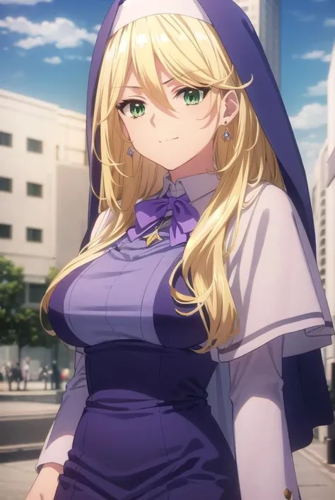 sharonholygrail, <lora:sharon holygrail s1-lora-nochekaiser:1>,
sharon holygrail, long hair, blonde hair, hair between eyes, (green eyes:1.3), smirk
BREAK bow, jewelry, earrings, bowtie, necklace, purple bow, nun, habit, purple bowtie, capelet, white capelet,
BREAK outdoors, city, sky, sun, clouds, crowd, people,
BREAK looking at viewer, (cowboy shot:1.5),
BREAK <lyco:GoodHands-beta2:1>, (masterpiece:1.2), best quality, high resolution, unity 8k wallpaper, (illustration:0.8), (beautiful detailed eyes:1.6), extremely detailed face, perfect lighting, extremely detailed CG, (perfect hands, perfect anatomy),