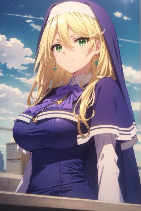 sharonholygrail, <lora:sharon holygrail s1-lora-nochekaiser:1>,
sharon holygrail, long hair, blonde hair, hair between eyes, (green eyes:1.3), smirk
BREAK bow, jewelry, earrings, bowtie, necklace, purple bow, nun, habit, purple bowtie, capelet, white capelet,
BREAK outdoors, city, sky, sun, clouds, crowd, people,
BREAK looking at viewer, (cowboy shot:1.5),
BREAK <lyco:GoodHands-beta2:1>, (masterpiece:1.2), best quality, high resolution, unity 8k wallpaper, (illustration:0.8), (beautiful detailed eyes:1.6), extremely detailed face, perfect lighting, extremely detailed CG, (perfect hands, perfect anatomy),