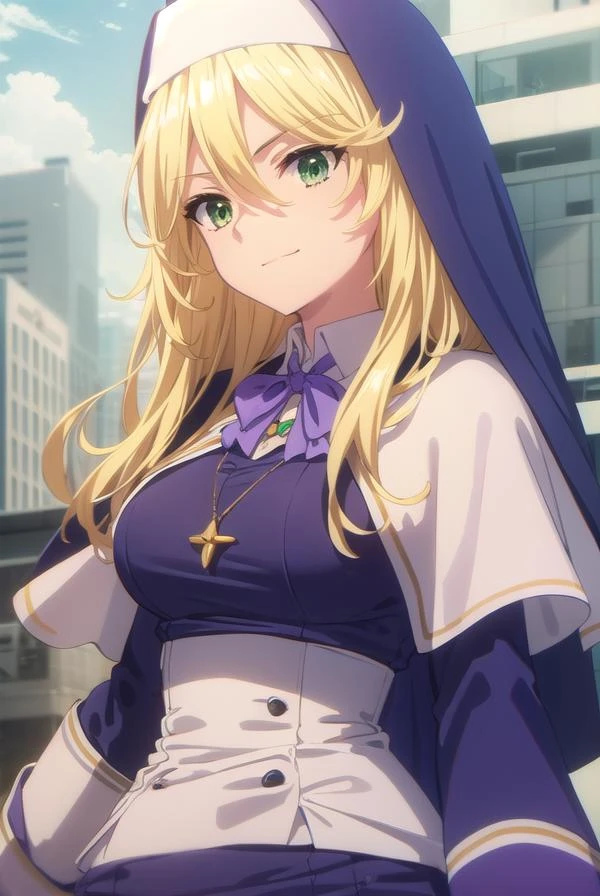 sharonholygrail, <lora:sharon holygrail s1-lora-nochekaiser:1>,
sharon holygrail, long hair, blonde hair, hair between eyes, (green eyes:1.3), smirk
BREAK bow, jewelry, earrings, bowtie, necklace, purple bow, nun, habit, purple bowtie,
BREAK outdoors, city, sky, sun, clouds, crowd, people,
BREAK looking at viewer, (cowboy shot:1.5),
BREAK <lyco:GoodHands-beta2:1>, (masterpiece:1.2), best quality, high resolution, unity 8k wallpaper, (illustration:0.8), (beautiful detailed eyes:1.6), extremely detailed face, perfect lighting, extremely detailed CG, (perfect hands, perfect anatomy),