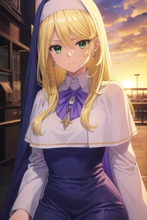 sharonholygrail, <lora:sharon holygrail s1-lora-nochekaiser:1>,
sharon holygrail, long hair, blonde hair, hair between eyes, (green eyes:1.3), smirk
BREAK bow, jewelry, earrings, bowtie, necklace, purple bow, nun, habit, purple bowtie, capelet, white capelet,
BREAK outdoors, city, sky, sun, clouds, crowd, people,
BREAK looking at viewer, (cowboy shot:1.5),
BREAK <lyco:GoodHands-beta2:1>, (masterpiece:1.2), best quality, high resolution, unity 8k wallpaper, (illustration:0.8), (beautiful detailed eyes:1.6), extremely detailed face, perfect lighting, extremely detailed CG, (perfect hands, perfect anatomy),