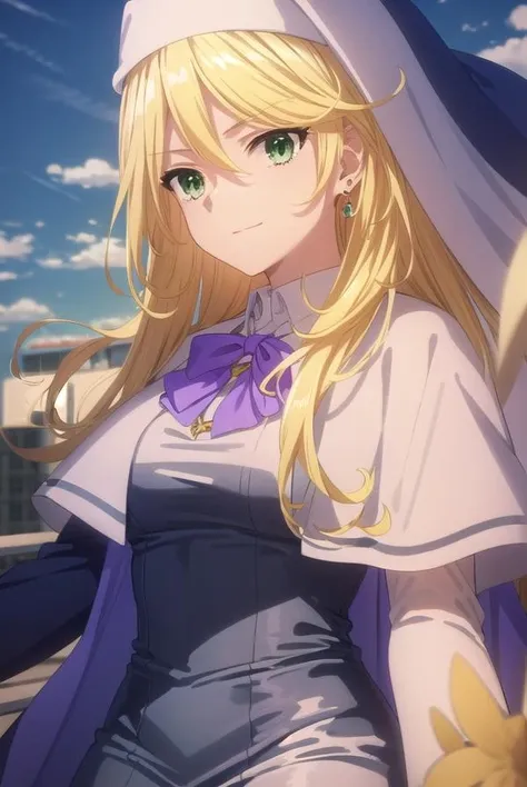 sharonholygrail, <lora:sharon holygrail s1-lora-nochekaiser:1>,
sharon holygrail, long hair, blonde hair, hair between eyes, (green eyes:1.3), smirk
BREAK bow, jewelry, earrings, bowtie, necklace, purple bow, nun, habit, purple bowtie,
BREAK outdoors, city, sky, sun, clouds, crowd, people,
BREAK looking at viewer, (cowboy shot:1.5),
BREAK <lyco:GoodHands-beta2:1>, (masterpiece:1.2), best quality, high resolution, unity 8k wallpaper, (illustration:0.8), (beautiful detailed eyes:1.6), extremely detailed face, perfect lighting, extremely detailed CG, (perfect hands, perfect anatomy),