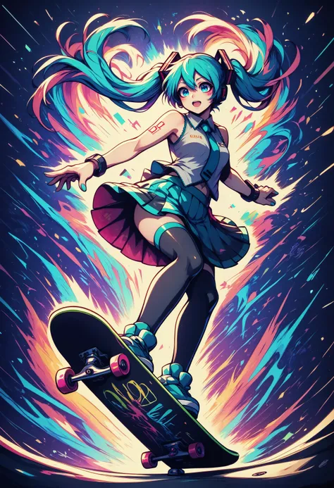 score_9, score_8_up, score_7_up, score_6_up, score_5_up, score_4_up, abstract, colorful, hyperpop, dramatic lighting
BREAK solo, hatsune miku, skirt, thigh highs, skateboard, skating, street, joy, action shot, speed lines, graffiti
<lora:Skateboard_ponyXL_v10:1> <lora:Hyperpop_ponyXL_v10:1.5> <lora:NoctAbstract_ponyXL_v10:0.8>