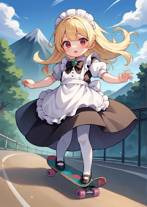 score_9, score_8_up, score_7_up, score_6_up, source_anime,  <lora:Perfect Hands:1> Perfect Hands,
1girl, solo, ((child:1.3)), cute girl, light skin, small breast,blonde hair, long hair, red eyes, small breast
maid, oversized clothes, frills, white frills shirt, long shirt, puff sleeves, short sleeves, white sleeves, black bow tie, bow tie brooch, maid headdress, maid apron, white tights,
(skateboard:1.2), standing,mountain road, outside,(kickflip:1.1), skatepark,jumping,in the air, (dynamic pose:1.1),front view <lora:Skateboard_Pony_XL:0.8>