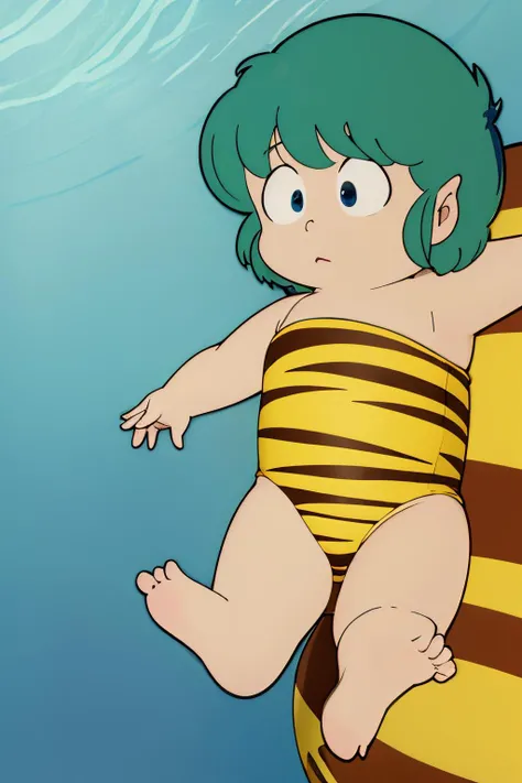 (Realistic:1.5) full body shot, solo, blue eyes, 1boy, swimsuit, male focus, green hair, horns, barefoot, pointy ears, strapless, frown, parody, aged down, animal print, oni horns, oni, retro artstyle, style parody, tiger print, male child, chibi, outstretched arms, A mystical, underwater city filled with mermaids and other sea creatures., <lora:EdobUruseiYatsuraTen_v1.0:0.8>