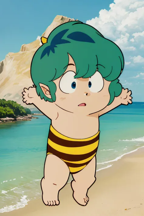 (Realistic:1.5) full body shot, solo, blue eyes, 1boy, swimsuit, male focus, green hair, horns, barefoot, pointy ears, strapless, frown, parody, aged down, animal print, oni horns, oni, retro artstyle, style parody, tiger print, male child, chibi, outstretched arms, A mystical, mist-shrouded island filled with hidden temples and ancient treasures., <lora:EdobUruseiYatsuraTen_v1.0:0.8>