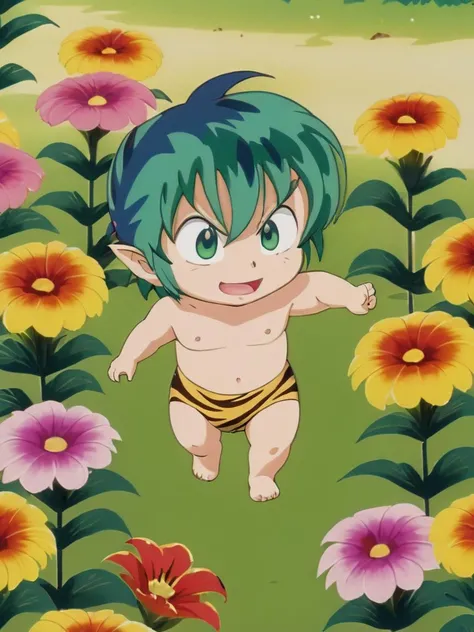 full body shot, solo, blue eyes, 1boy, swimsuit, male focus, green hair, horns, barefoot, pointy ears, strapless, frown, parody, aged down, animal print, oni horns, oni, retro artstyle, style parody, male child, chibi, A magical, enchanted garden filled with exotic flowers and rare creatures.,<lora:EdobUruseiYatsuraTen_XL_v1.0:0.8>
