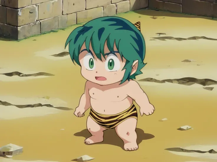 full body shot, solo, blue eyes, 1boy, swimsuit, male focus, green hair, horns, barefoot, pointy ears, strapless, frown, parody, aged down, animal print, oni horns, oni, retro artstyle, style parody, male child, chibi, A mysterious, eerie abandoned castle filled with ghosts and secrets.,<lora:EdobUruseiYatsuraTen_XL_v1.0:0.8>