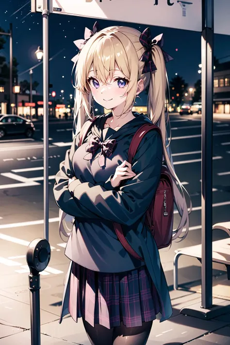 1girl, solo, outdoors, sunlight, dress, cityscape,  street, serafuku, plaid skirt, school uniform, backpack, closed mouth, light smile, standing, bus stop, 
 <lora:ClamChan_v10:0.9>