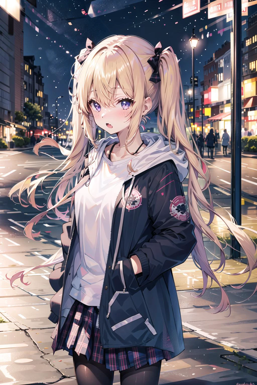 <lora:TT:1>, 1girl, solo, outdoors, sunlight, dress, cityscape, street, serafuku, plaid skirt, jacket, hoodie