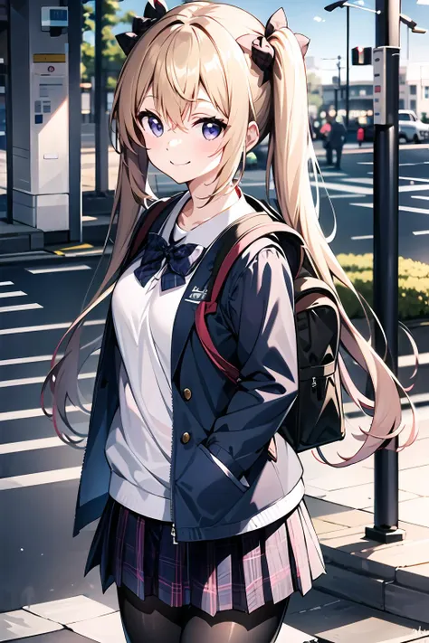 1girl, solo, outdoors, sunlight, dress, cityscape,  street, serafuku, plaid skirt, school uniform, backpack, closed mouth, light smile, standing, bus stop, 
 <lora:ClamChan_v10:0.9>