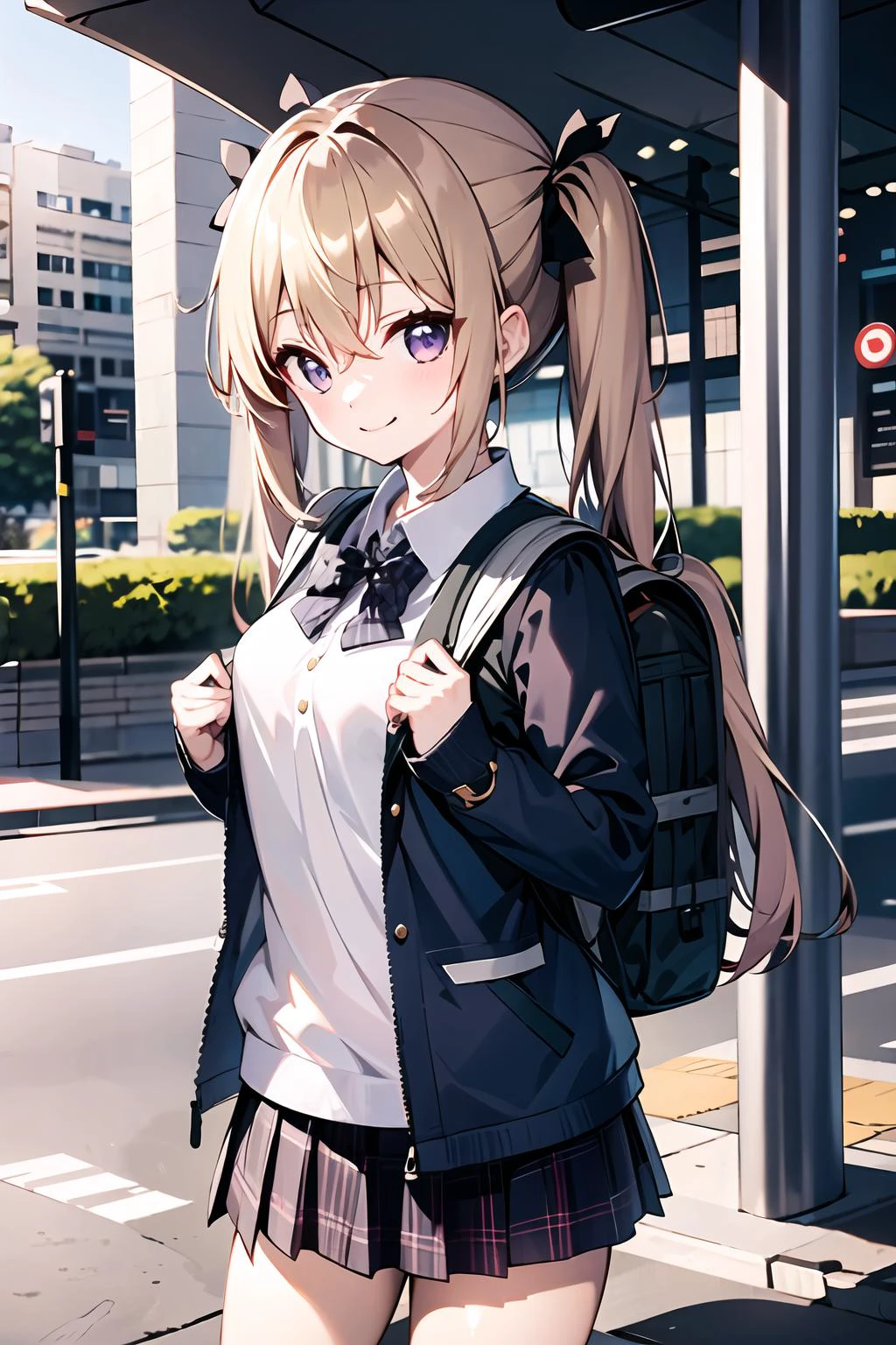 1girl, solo, outdoors, sunlight, dress, cityscape, street, serafuku, plaid skirt, school uniform, backpack, closed mouth, light smile, standing, bus stop,
<lora:ClamChan_v10:0.9>
