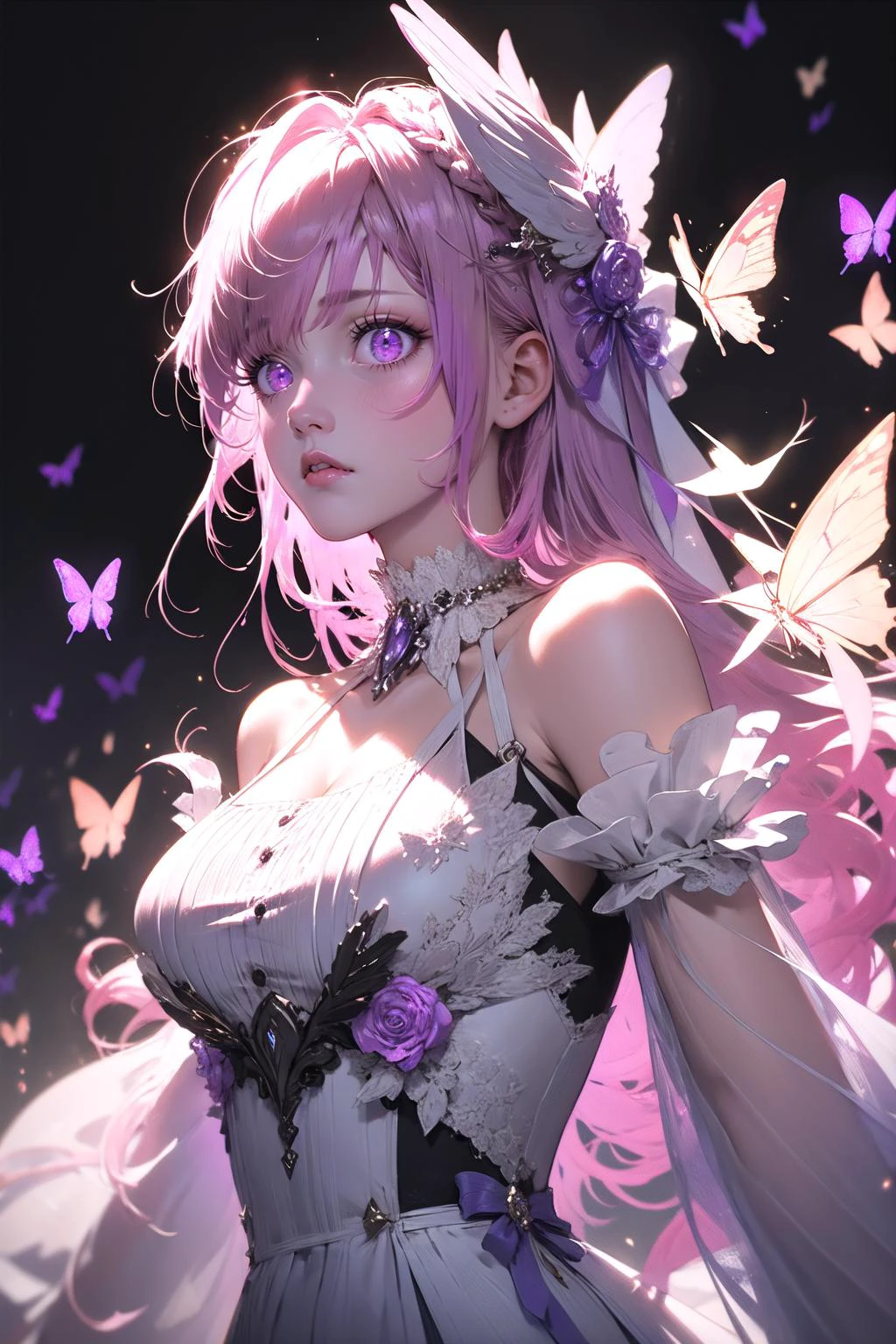 (highly detailed:1.3),
full body,
<lora:dorothy-nikke-richy-v1:1>,dorothy \(nikke\),defdress,
Ultra-detail,(highres:1.1),best quality,(masterpiece:1.3),cinematic lighting,
highly detailed face and eyes, <lora:butterfly:0.7> butterfly style, (pink hair:1.2), (purple eyes:1.2),