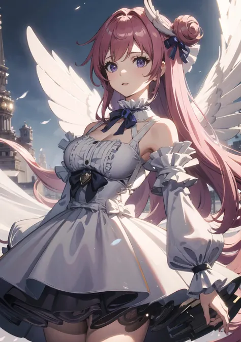 ((Highest quality)),(Ultra-high resolution),(Very detailed),(Detailed Description),((The best CG)),(A masterpiece),Ultra-detailed art,Amazing painting art,(Works with precise details:1.5), (1 female:1.6),(Beautiful and well-proportioned face:1.5),(Curly Hair:1.6),(Intricately detailed lace dress:1.8),Fine jewellery with exquisite detailing:1.5,Waist Accessories:1.5,Look at me and smile:1.5,  (See-through nipples:1.1),, Angel Girl, (((Magnificent white angel wings on his back:1.2))), Mature Woman,Descended into the church,(Pastel colored hair:1.3),(Red and black long high heel boots:1.4),garter belt,stockings、 (Floating in the sky with magical powers:1.1),(Floating skirt:1.5), (Embarrassed expression, blush:1.2)
