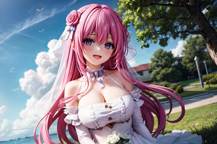 1girl, solo, cowboy shot,
<lora:dorothy-nikke-richy-v1:0.9>, dorothy \(nikke\), long hair, pink hair,
wedding dress, bridal veil, white_elbow_gloves, medium breasts,
cleavage, bouquet, holding bouquet, rose_bouquet, large_bouquets,
looking at viewer, facing viewer,open mouth, smile, closed eyes,
outdoors, grass, water_fountain, park, tree, scenery, sky,
<lora:add_detail:0.2>, <lora:outline:0.1>,, weird atmosphere, (best quality:1.1), (masterpiece:1.2), high quality shadow, beautiful detailed, (high detailed skin, skin details), (wide_landscape, 8k), beautiful face, detailed eyes, depth of field, dramatic light, best quality, highres, best shadow, best illumination,