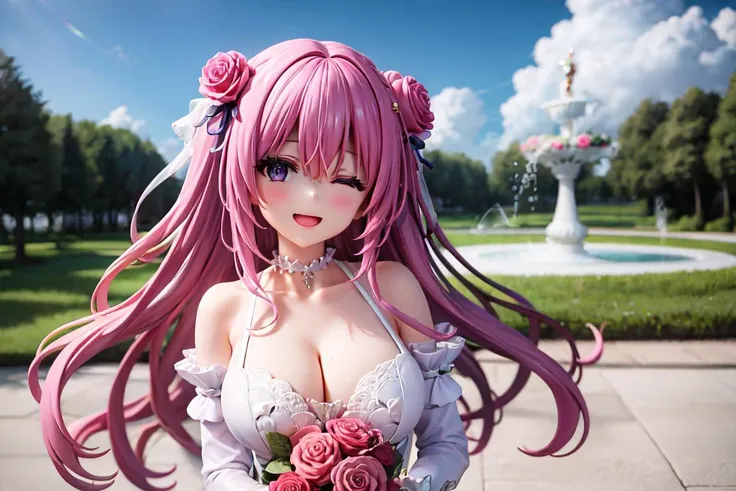 1girl, solo,
<lora:dorothy-nikke-richy-v1:0.8>, dorothy \(nikke\), long hair, pink hair,
wedding dress, bridal veil, white_elbow_gloves, medium breasts,
cleavage, bouquet, holding bouquet, red_rose, large_bouquets,
looking at viewer, open mouth, smile, closed eyes,
outdoors, grass, water_fountain, park, tree, scenery, sky,
<lora:add_detail:0.2>, <lora:outline:0.1>,, weird atmosphere, (best quality:1.1), (masterpiece:1.2), high quality shadow, beautiful detailed, (high detailed skin, skin details), (wide_landscape, 8k), beautiful face, detailed eyes, depth of field, dramatic light, best quality, highres, best shadow, best illumination,