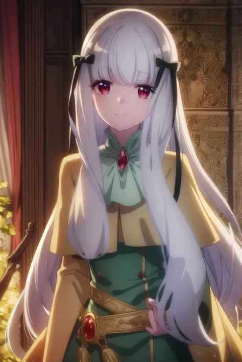 sophiaascart, <lora:sophia ascart s2-lora-nochekaiser:1>,
sophia ascart, long hair, bangs, (red eyes:1.3), bow, ribbon, hair ribbon, white hair, hair bow, black bow, smile,
BREAK dress, brooch, green dress, capelet, ascot, white ascot, gemstone, red gemstone,
BREAK indoors,
BREAK looking at viewer, (cowboy shot:1.5),
BREAK <lyco:GoodHands-beta2:1>, (masterpiece:1.2), best quality, high resolution, unity 8k wallpaper, (illustration:0.8), (beautiful detailed eyes:1.6), extremely detailed face, perfect lighting, extremely detailed CG, (perfect hands, perfect anatomy),