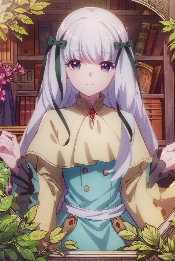 Anime girl with long white hair and blue eyes in a library - SeaArt AI
