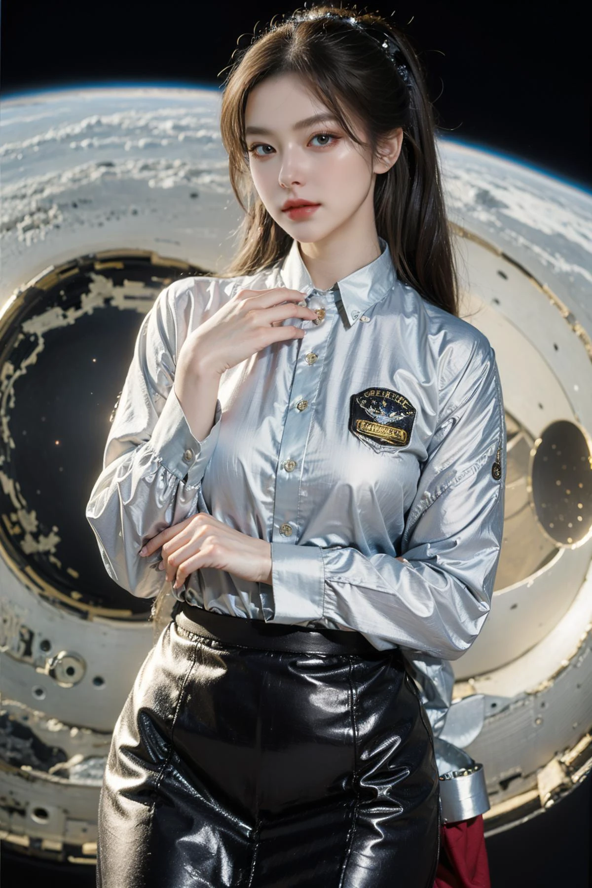 (RAW photo:1.2), (photorealistic:1.4), (masterpiece:1.3), (best quality:1.4), ultra high res, HDR, 8k resolution, absurdres:1.2, Kodak portra 400, film grain, bokeh, 1girl, solo, ulzzang-6500-v1.1, silver flying hair, model photo pose, (azure blue eyes), (glowing eyes), (pale skin:1.2), red lips, green velvet waitress uniform with skirt lifted, (space station, fractal:1.3), <lora:ahsp:0.4>, <lora:_20230917222401:0.75>