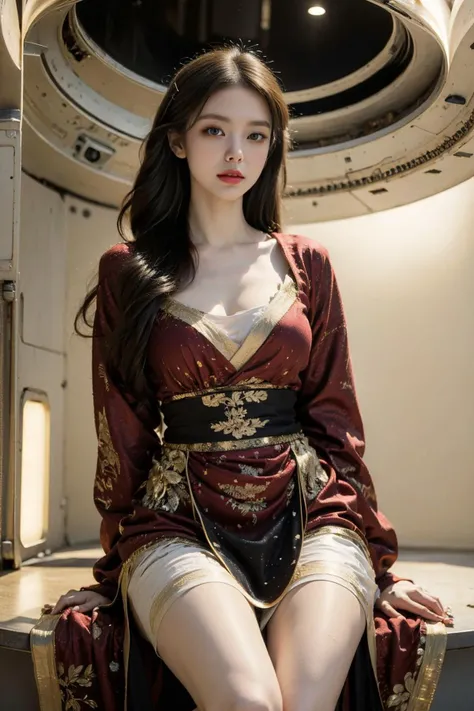 (RAW photo:1.2), (photorealistic:1.4), (masterpiece:1.3), (best quality:1.4), ultra high res, HDR, 8k resolution, Kodak portra 400, (film grain:1.3), 1girl, solo, ulzzang-6500-v1.1, gold short hair, from below, sitting, (azure blue eyes), (glowing eyes), (pale skin:1.2), red lips, red velvet Chinese clothes, red sexy chemise, (sci-fi, space station, fractal:1.3), <lora:ahsp:0.3>, <lora:_20230917222401:0.75>