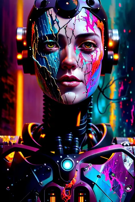 (((cyberpunk woman))) with a tattooed face in front of a (neon cityscape)