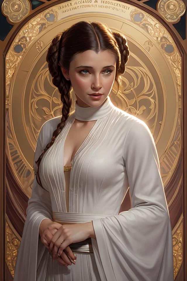 princess leia, fantasy, d & d, intricate, detailed, by by alphonse mucha, adolfo hohenstein, alice russell glenny, stanley artgerm lau, greg rutkowski, detailed, trending on artstation, trending on artstation, smooth