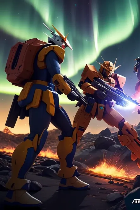 two gundam mobile suite fighting in the battlefield, mar planet, epic scene, futuristic style, intricate, highly detailed, digital painting, artstation, concept art, smooth, sharp focus, illustration, arcane style, aurora borealis, unreal engine 5, 8 k, art by artgerm and greg rutkowski and alphonse mucha