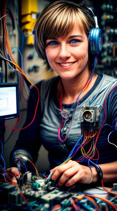 portrait512 Cyborg512 Tay512, electronics, motors, wires, buttons, lcd <lora:add_detail:2>