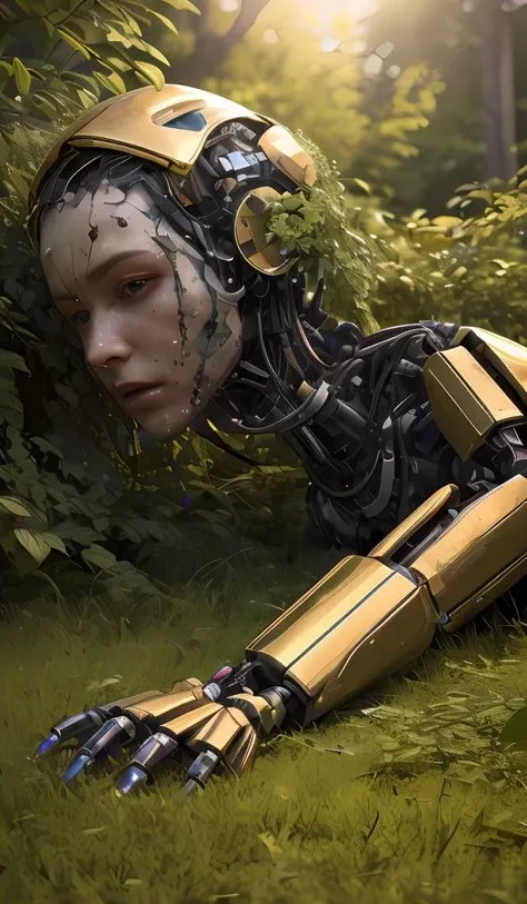 side view of a beautiful abandoned human - shaped robot laying on the ground, overgrown foliage taking over it, close - up, 3 5 mm, biopunk, bokeh, beautiful, lens flare, emotional, sweet, flowers, detailed, picture, trending on artstation, award - winning, shiny, golden, angle view, octane render