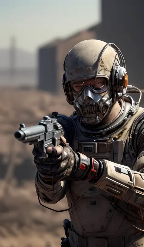looking at viewer,aiming,aiming at viewer,handgun,onehand holding handgun,firing at viewer,men with long beard,Semi mechanical, solo,portrait512 Cyborg512 Tay512,electronics, motors, wires, buttons,intricate detail,lcd,,wasteland,ruin,dusty,dry,space, intricate, grand scale, alone, cinematic film still, insane detail, sharp focus, depth of field, realistic lighting, (realistic perspective), complex, (multiple subjects), 4k HDR, <lora:add_detail:0.5> <lora:more_details:0.25> <lora:FantasyWorldV1:0.25>
