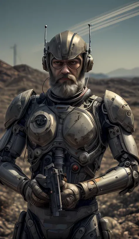 looking at viewer,aiming,aiming at viewer,handgun,onehand holding handgun,firing at viewer,men with long beard,Semi mechanical, solo,portrait512 Cyborg512 Tay512,electronics, motors, wires, buttons,intricate detail,lcd,,wasteland,ruin,dusty,dry,space, intricate, grand scale, alone, cinematic film still, insane detail, sharp focus, depth of field, realistic lighting, (realistic perspective), complex, (multiple subjects), 4k HDR, <lora:add_detail:0.5> <lora:more_details:0.25> <lora:FantasyWorldV1:0.25>