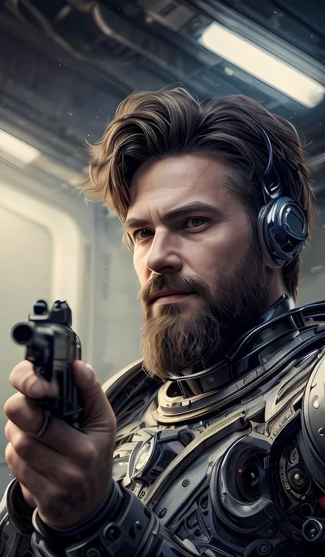 looking at viewer,aiming,aiming at viewer,handgun,onehand holding handgun,firing at viewer,men with long beard,Semi mechanical, solo,portrait512 Cyborg512 Tay512,electronics, motors, wires, buttons,intricate detail,lcd,,wasteland,ruin,dusty,dry,space, intricate, grand scale, alone, cinematic film still, insane detail, sharp focus, depth of field, realistic lighting, (realistic perspective), complex, (multiple subjects), 4k HDR, <lora:add_detail:0.5> <lora:more_details:0.25> <lora:FantasyWorldV1:0.25>
