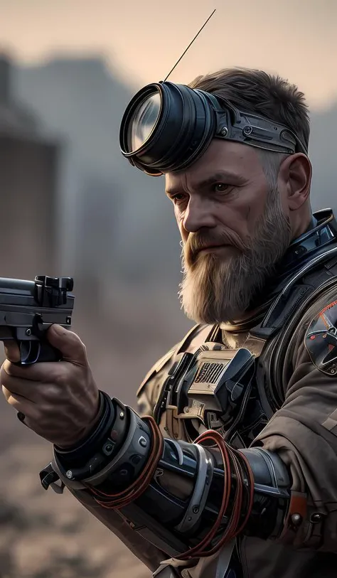 looking at viewer,aiming,aiming at viewer,handgun,onehand holding handgun,firing at viewer,men with long beard,Semi mechanical, solo,portrait512 Cyborg512 Tay512,electronics, motors, wires, buttons,intricate detail,lcd,,wasteland,ruin,dusty,dry,space, intricate, grand scale, alone, cinematic film still, insane detail, sharp focus, depth of field, realistic lighting, (realistic perspective), complex, (multiple subjects), 4k HDR, <lora:add_detail:0.5> <lora:more_details:0.25> <lora:FantasyWorldV1:0.25>