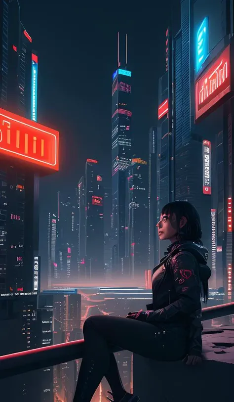 close up,glamour shot from side of a girl sitting on ledge overlooking a grand neon lit cyberpunk city at a misty night, masterpiece, best quality, dslr, 8k, 4k, ultrarealistic, realistic, raytracing, subsurface scattering, (cyberpunk city), 1girl, sitting, edge of ledge, from behind, (close-up:1.3), night, misty, cloudy, paradise, utopia, skyscraper, citadel, sci-fi, future architecture, 21:9, dynamic, great perspective, film grain, motion blur, cinematic, masterpiece, high quality, highres, absurdres, dramatic, great composition, neon light, hyperreal, photoreal, realistic, raw photo, detailed, ultra-detailed, intricate, volumetric lighting, looking at viewer, face focus,