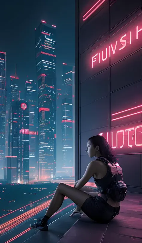 glamour shot from side of a girl sitting on ledge overlooking a grand neon lit cyberpunk city at a misty night, masterpiece, best quality, dslr, 8k, 4k, ultrarealistic, realistic, raytracing, subsurface scattering, (cyberpunk city), 1girl, sitting, edge of ledge, from behind, (close-up:1.3), night, misty, cloudy, paradise, utopia, skyscraper, citadel, sci-fi, future architecture, 21:9, dynamic, great perspective, film grain, motion blur, cinematic, masterpiece, high quality, highres, absurdres, dramatic, great composition, neon light, hyperreal, photoreal, realistic, raw photo, detailed, ultra-detailed, intricate, volumetric lighting, looking at viewer, face focus,