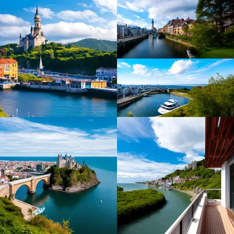 (8k, RAW photo, best quality, masterpiece), architecture, beach, blue_sky, boat, bridge, building, castle, city, city_lights, cityscape, cloud, cloudy_sky, day, european_architecture, horizon, house, landscape, mountain, no_humans, ocean, outdoors, river, rooftop, scenery, sky, skyline, skyscraper, tower, town, water, watercraft, waterfall, time progression