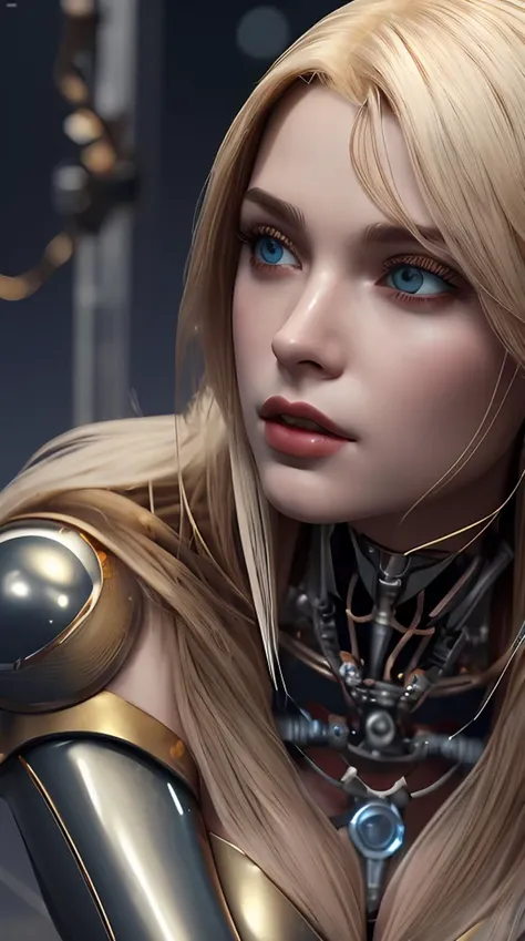 complex 3d render ultra detailed of a beautiful porcelain profile woman android face, cyborg, robotic parts, 150 mm, beautiful studio soft light, rim light, vibrant details, luxurious cyberpunk, lace, hyperrealistic, anatomical, facial muscles, cable electric wires, microchip, elegant, beautiful background, octane render, H. R. Giger style, 8k, best quality, masterpiece, illustration, an extremely delicate and beautiful, extremely detailed ,CG ,unity ,wallpaper, (realistic, photo-realistic:1.37),Amazing, finely detail, masterpiece,best quality,official art, extremely detailed CG unity 8k wallpaper, absurdres, incredibly absurdres, robot, silver halmet, full body, sitting