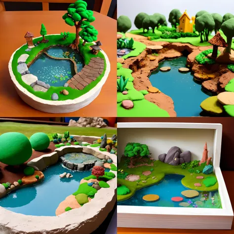 Claymation landscape with a small pond and a rock