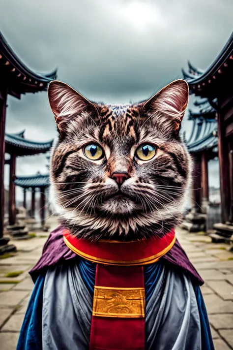 An ancient anthropomorphic cat samurai using an ancient samurai armor, photography, beautiful, bokeh temple background, high detailed skin, skin pores, coastline, overcast weather, wind, waves, 8k uhd, dslr, soft lighting, high quality, film grain, Fujifilm XT3,<lora:add_detail:2>