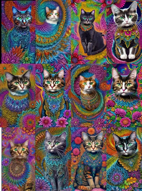 masterpiece, top quality, best quality, official art, beautiful and aesthetic, (cat catcore:1.3), extremely detailed, fractal art, colorful flowers, highest detailed, zentangle, dynamic pose, abstract background, many colors, earrings, feathers