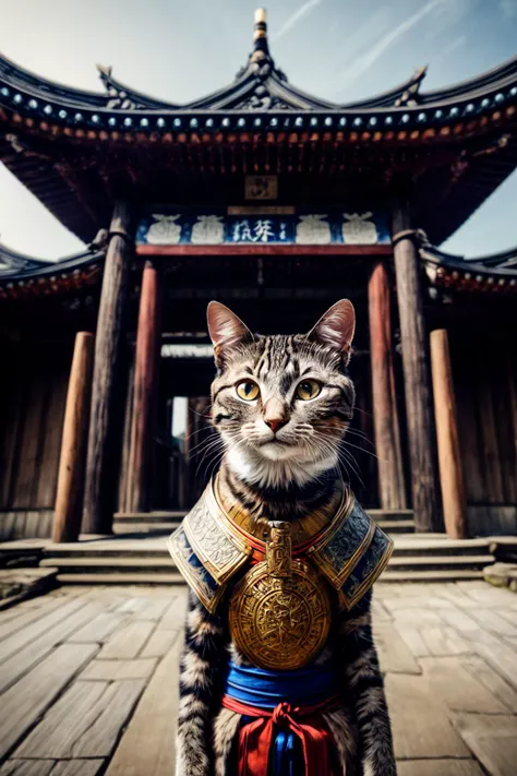 An ancient anthropomorphic cat samurai using an ancient samurai armor, photography, beautiful, bokeh temple background, high detailed skin, skin pores, coastline, overcast weather, wind, waves, 8k uhd, dslr, soft lighting, high quality, film grain, Fujifilm XT3,<lora:add_detail:2>