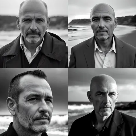 b&w photo of 42 y.o man in black clothes, bald, face, half body, body, high detailed skin, skin pores, coastline, overcast weather, wind, waves, 8k uhd, dslr, soft lighting, high quality, film grain, Fujifilm XT3