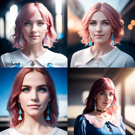 masterpiece, (photorealistic:1.4), best quality, beautiful lighting, march 7th \(honkai: star rail\), 1girl, solo, beautiful girl, pink hair, perfect face, perfect eyes, detailed clothes, blue skirt, skirt, blue shirt, detached sleeves, white shirt, blue eyes, long hair, blush, breasts, (looking at viewer), small breasts, earrings, star earrings, intricate, high detail, sharp focus, dramatic, beautiful eyes, (RAW photo, 8k uhd, film grain), caustics, smile, subsurface scattering, reflections, detailed face, beautiful face, beautiful eyes, standing, ice,, <lora:march_7th__honkai _star_rail__offset:1>,